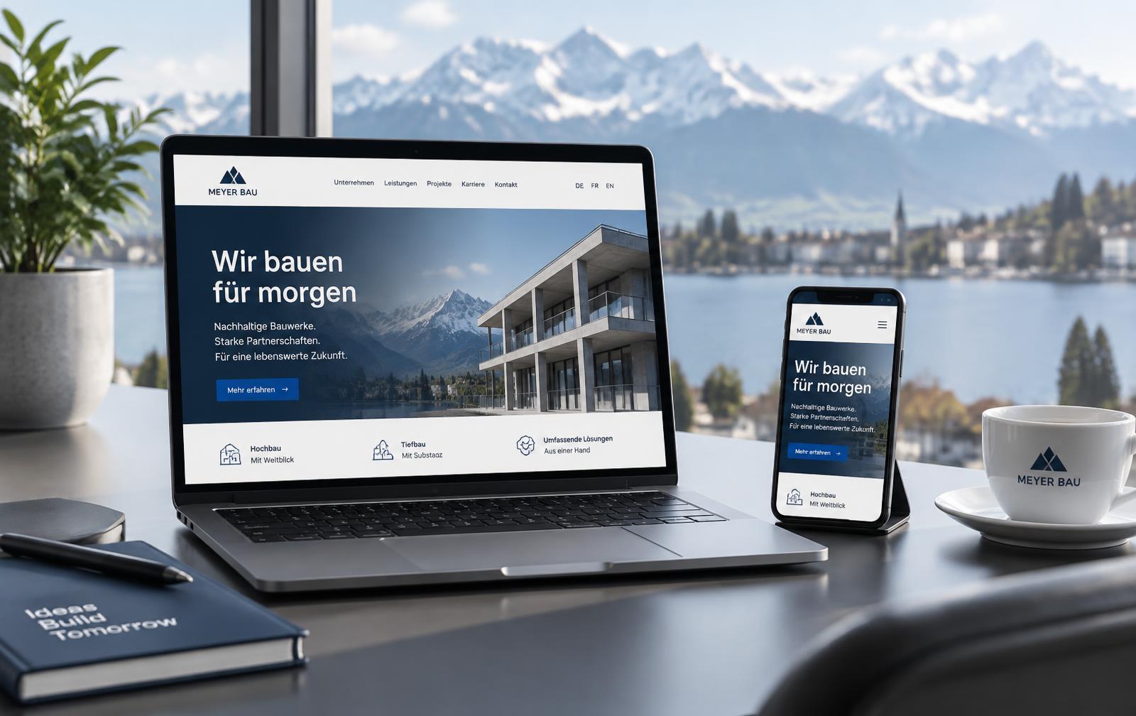 Laptop und Smartphone mit einer modernen Unternehmenswebsite auf einem Schreibtisch